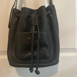 Frye Olivia Bucket Bag Drawstring Shoulder or Crossbody in Black leather.